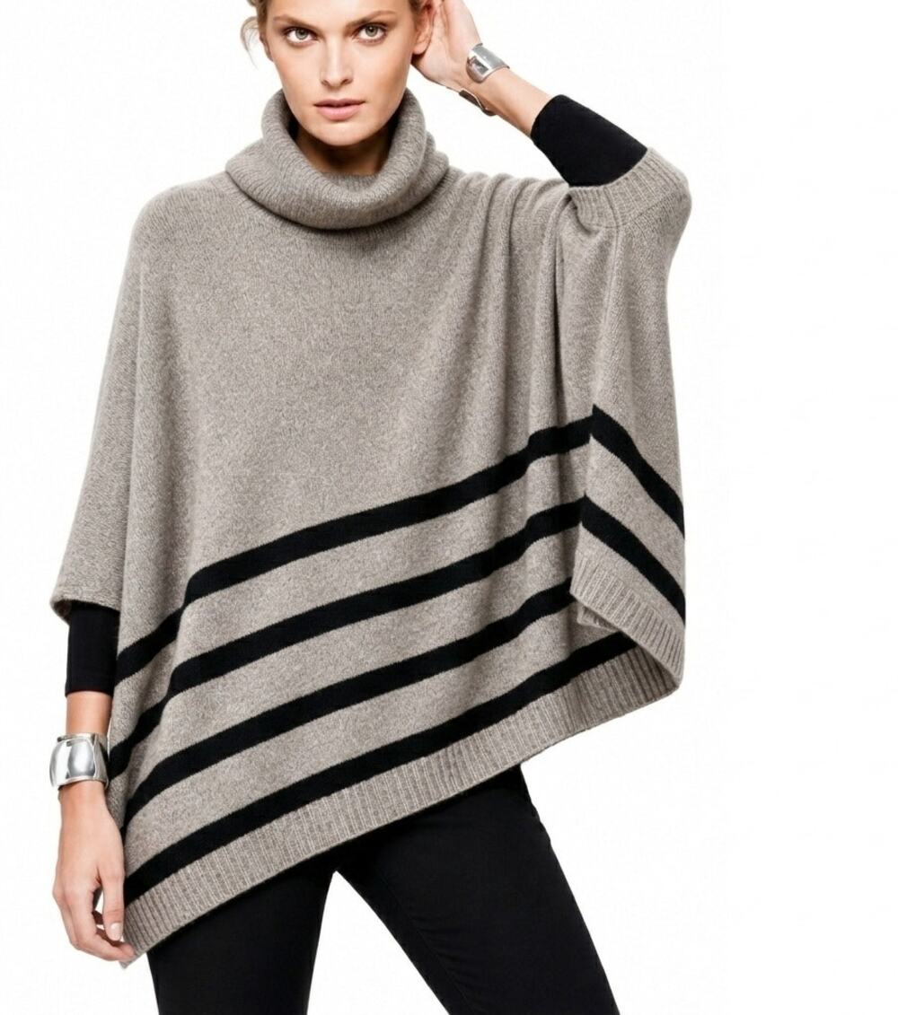 Tahari Women's Wool and yak cape-knit sweater poncho Beige Black , size Medium